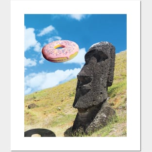 Easter island head with pink donut. Posters and Art